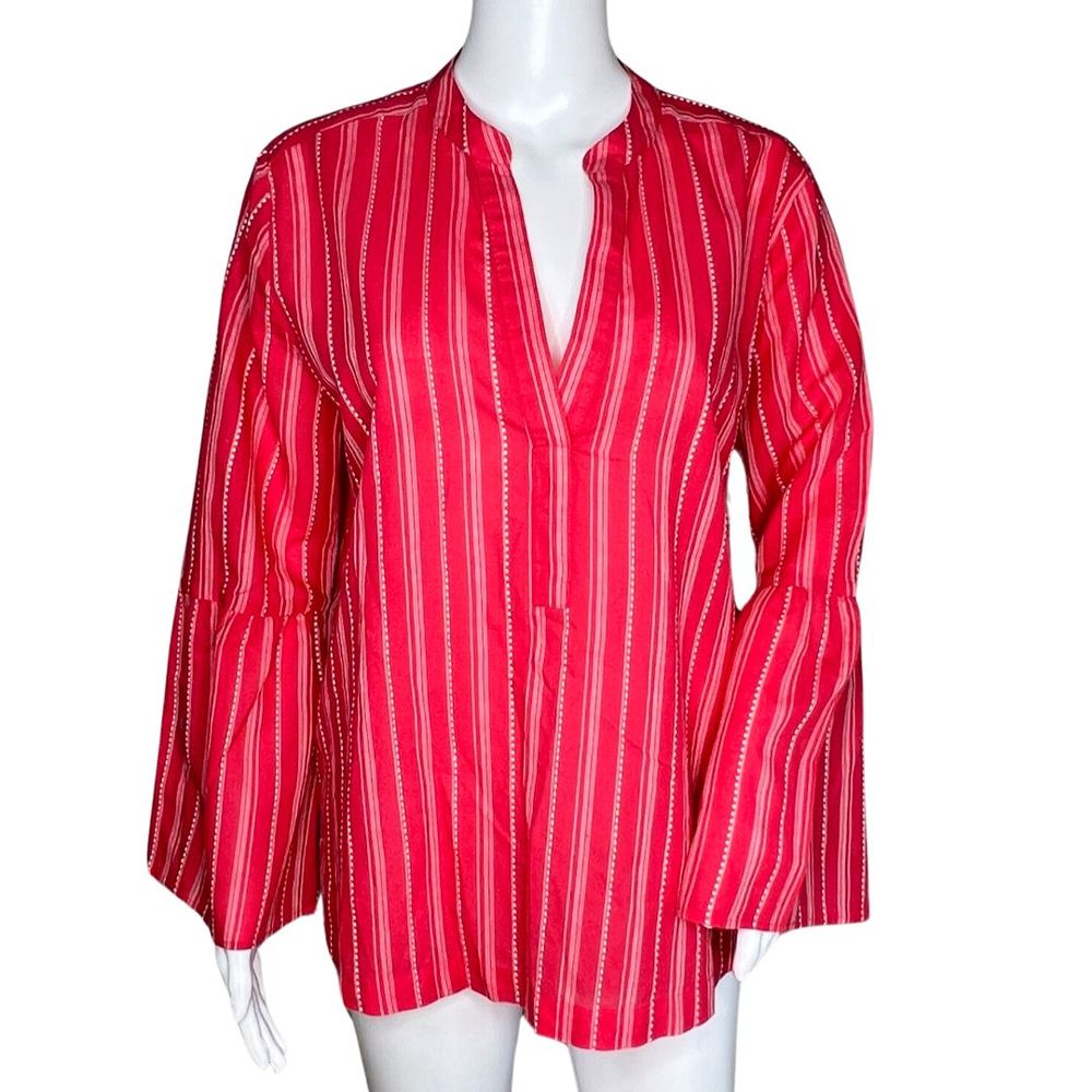 Loft Shirt Womens‎ Medium Red Striped The Softened Shirt Bell Sleeve Tunic Boho
